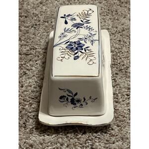Blue Peony Fine Bone China  Butter Dish Japan Blue White Flower Gold Trim 1950's